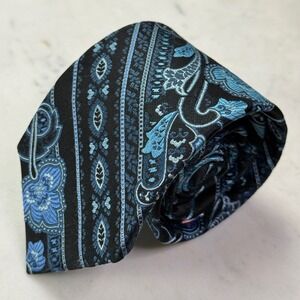 Ted Baker Silk Tie Mens OS Blue Black Floral Paisley Stripe Formal Dapper